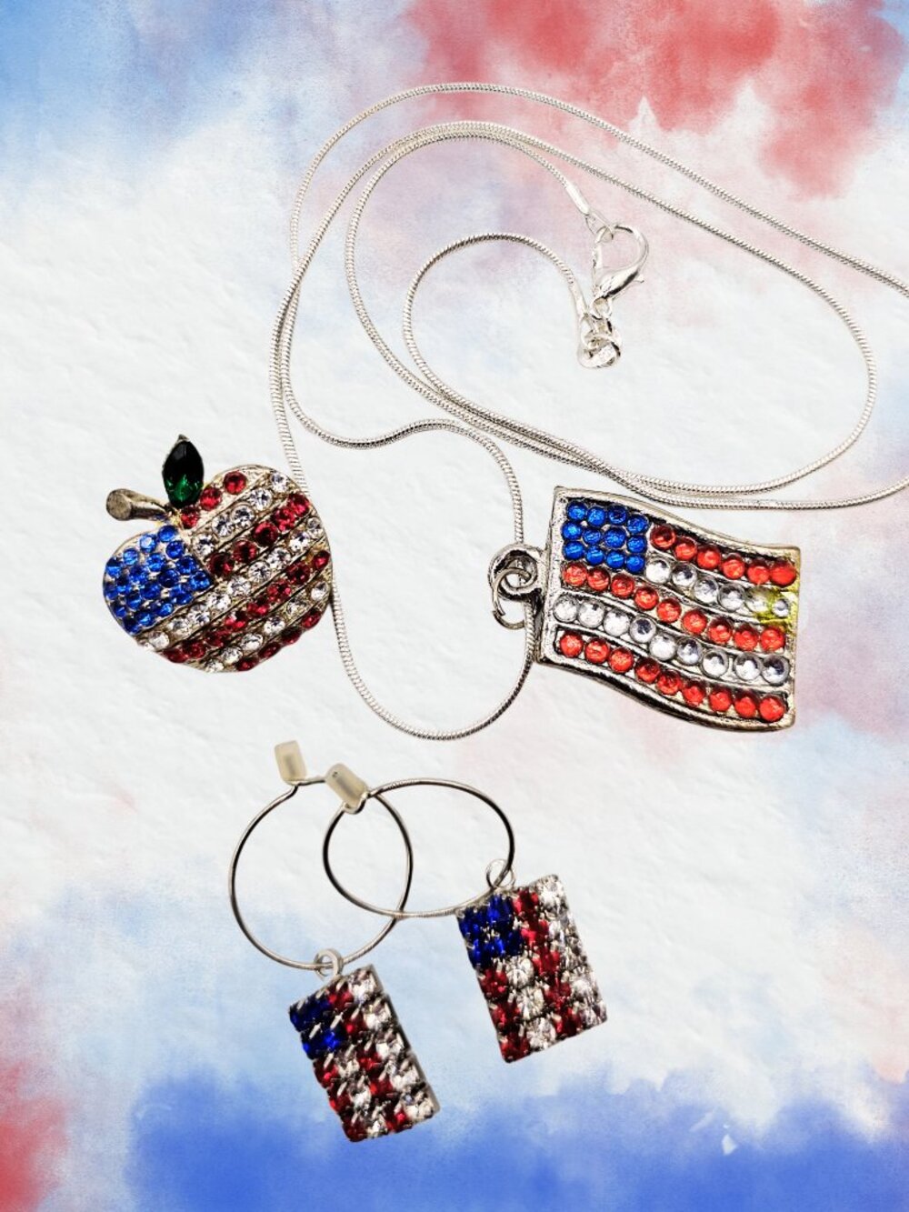 Patriotic Rhinestone Jewelry Set Flag Necklace Apple Brooch Hoop Earrings USA